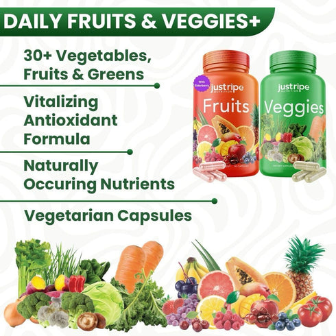 Fruits and Veggies Supplement - 90 Fruit and 90 Vegetable Capsules, 100% Whole Natural Superfood, Supports Energy