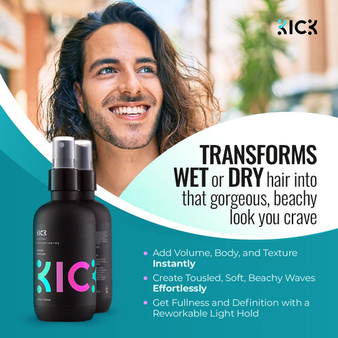 Kick Sea Salt Spray for Men, Natural Texture and Volume Hair Spray for Beach Wave and Surfer Hair Style - 200ml
