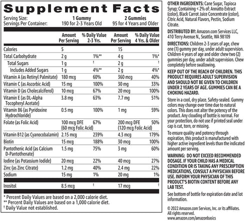 Amazon Basics Kids' Multivitamin Gummies, 190 Count | Orange, Cherry & Strawberry (Previously Solimo)
