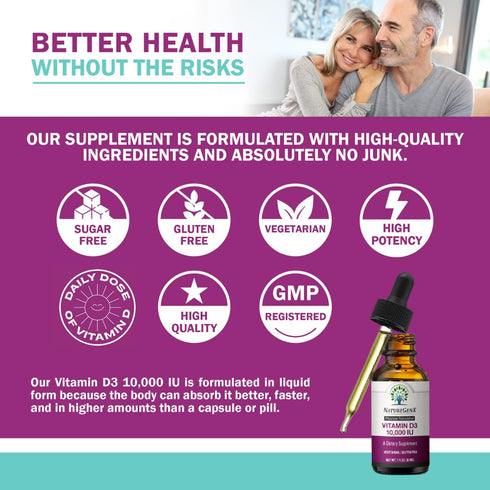 Vitamin D Liquid Drops for Adults: Vegan D3 10000 IU for Immune Support & Bone Strength, 30ml, 30 Servings
