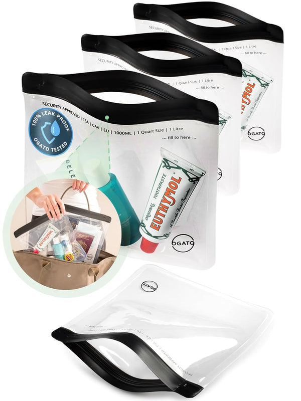 Ogato 3pcs Clear TSA Approved Toiletry Bag, Quart Size Security Approved Clear Travel Bags for Liquids & Cosmetics