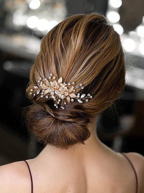 SWEETV Flower Bride Wedding Hair Comb Pearl Bridal Hair Accessories Crystal Hair Piece Jewelry Leaf Gold Headpiece Rhinestones Handmade Wedding Hair Accessories for Women and Girls