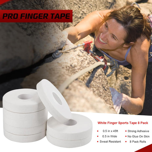 Pro Finger Tape 8 Pack - 0.5” x 45 Ft White Athletic Sports Tape for Rock Climbing, Bjj, Wrestling