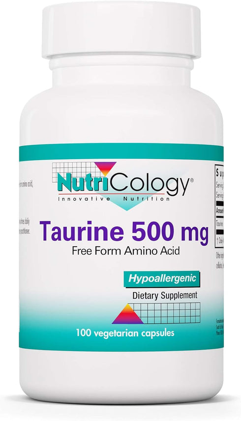 Nutricology Taurine 500mg Supplement - Organic, Pure, Vegetarian Capsules, Cardiovascular Support - 100 Count