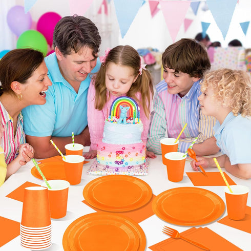 TWOWYHI 228PCS Orange Party Supplies Set, Paper Plates, Cups, Napkins, Plastic Spoons, Forks, Knives for 30 Guests