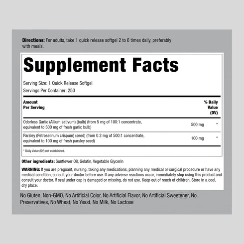 Piping Rock Odorless Garlic and Parsley Pills | 500mg | 250 Softgel Capsules | Concentrated Herbal Extract | Non-GMO, Gluten Free Supplement