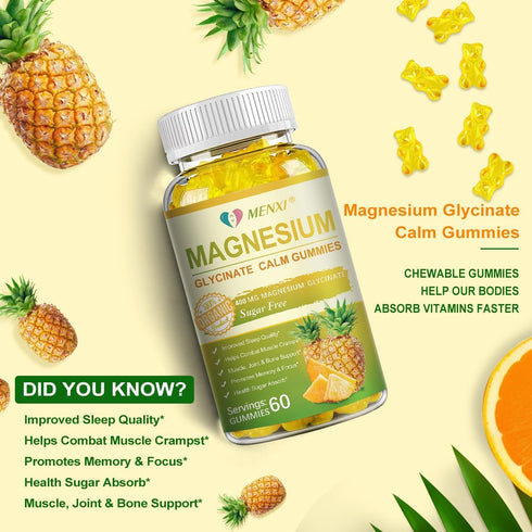 Magnesium Glycinate Gummies 400mg - Sugar Free Magnesium Taurate, Malate with Vitamin D, B6, CoQ10, 120 Gummies