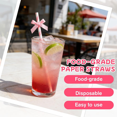 Psiriol 30pcs 7.7inch Pink Bow Straw, Pink Paper Straws, Disposable Cute Paper Straw, Wedding, Picnic, Birthday, Party