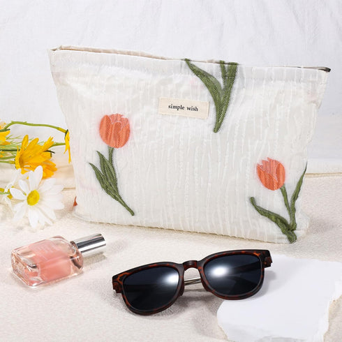 Tulip Makeup Bag for Women, Floral Zipper Cosmetic Pouch, Large Capacity Quilted Canvas Organizer