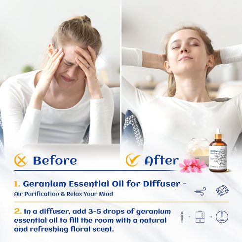 HIQILI 100ML Geranium Essential Oil for Skin, Diffuser & Candle, 100% Pure and Natural - 3.38 Fl. Oz