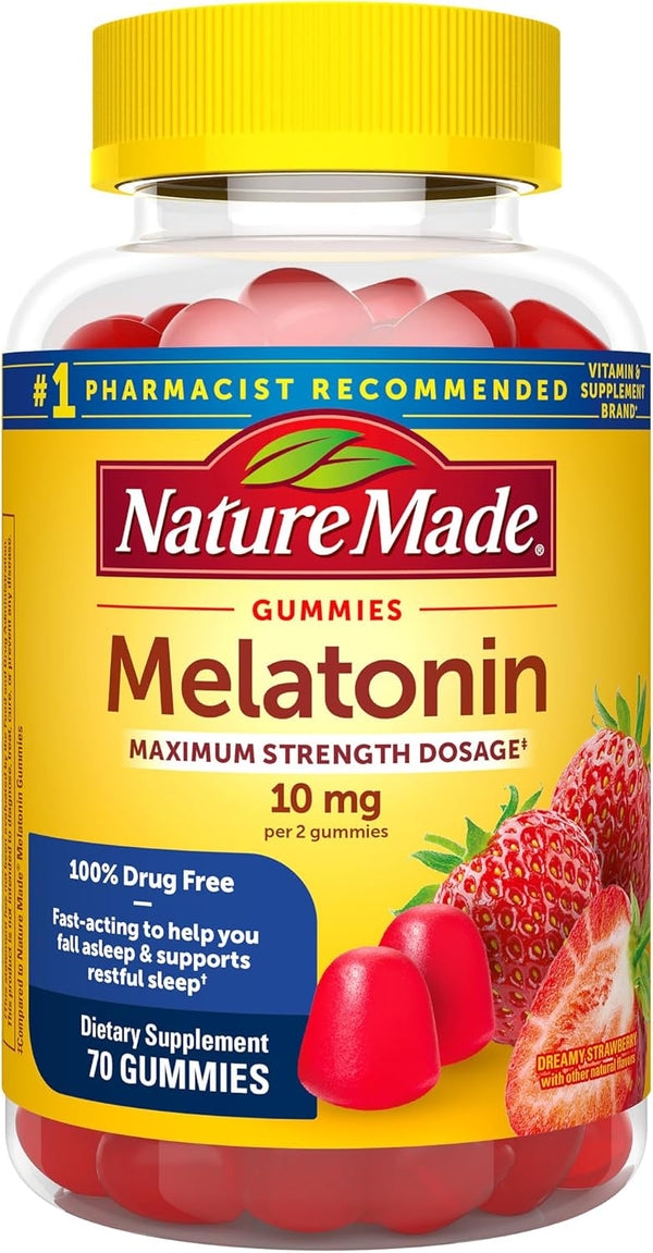 Nature Made Melatonin Gummies 10mg, Maximum Strength Sleep Aid for Adults, 70 Count, 100% Drug Free