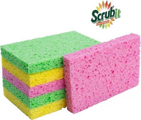 SCRUBIT Cellulose Scrub Sponge - 6 Pack Kitchen Cleaning Sponges for Dishes, Pans, Pots & More - Colors May Vary