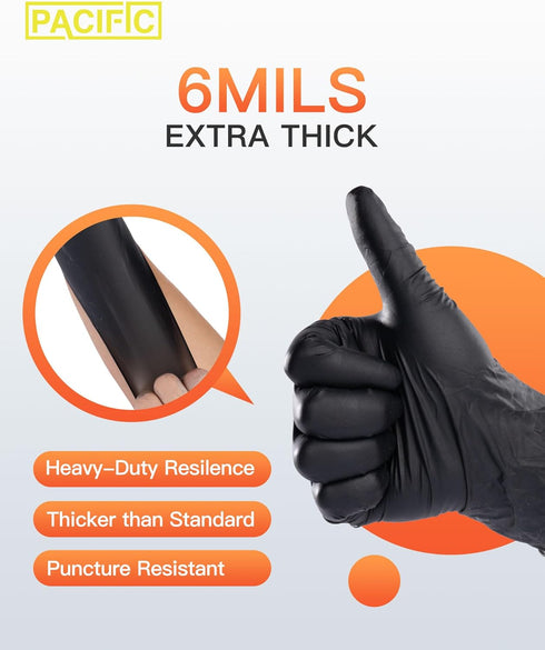PACIFIC PPE 6-mil Black Nitrile Disposable Gloves, Food-Safe, Powder-Free, Cleaning, Textured Fingertips, Latex-Free,