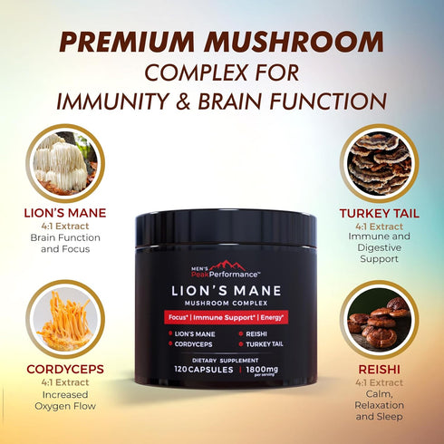 MEN'S PeakPerformance Mushroom Complex with Lions Mane, Reishi, Cordyceps, Turkey Tail, Nootropic Brain Supplement for