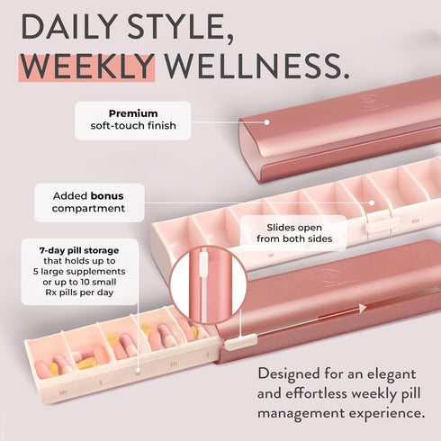 Pretty Pill Box Set - Compact Daily Pill Organizer for Vitamin Management, Travel Essentials for Women & Men - Rose