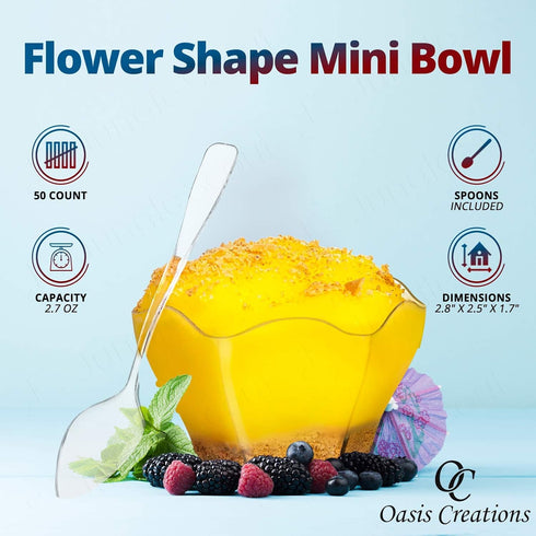 Flower Shape Mini Bowl - Spoons Included - 2.7 ounce - 50 Count - Clear Plastic - Six Sided Bowl - Hexagonal Bowl - Petal Shaped Mini Dessert Cup - Appetizer Cup - Serving Bowl -Disposable or Reusable by Oasis Creations