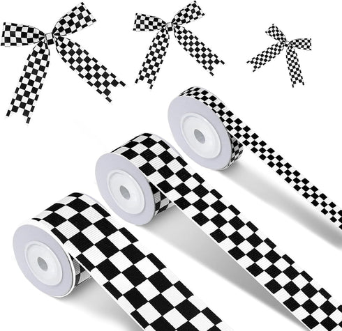 3 Rolls Checkered Printed Ribbon, 0.4, 0.87, 1.5 Inch Wide, 15 Yard Car Theme for DIY Crafts, Wreath Racing Party