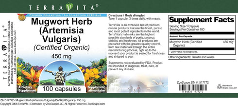 Terravita 450 (100 517772) 3 Pack Mugwort Herb (Artemisia Vulgaris) (Certified Organic) - mg Capsules, ZIN: