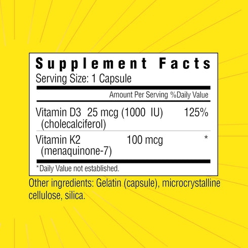 Sunshine D3 25mcg 1000 K2 Vitamin IU with Vitamin
