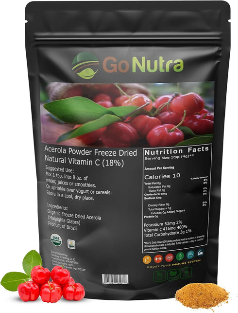 Go Nutra Organic Acerola Powder - Freeze Dried 18% Vitamin C Powder from Brazil - 8oz