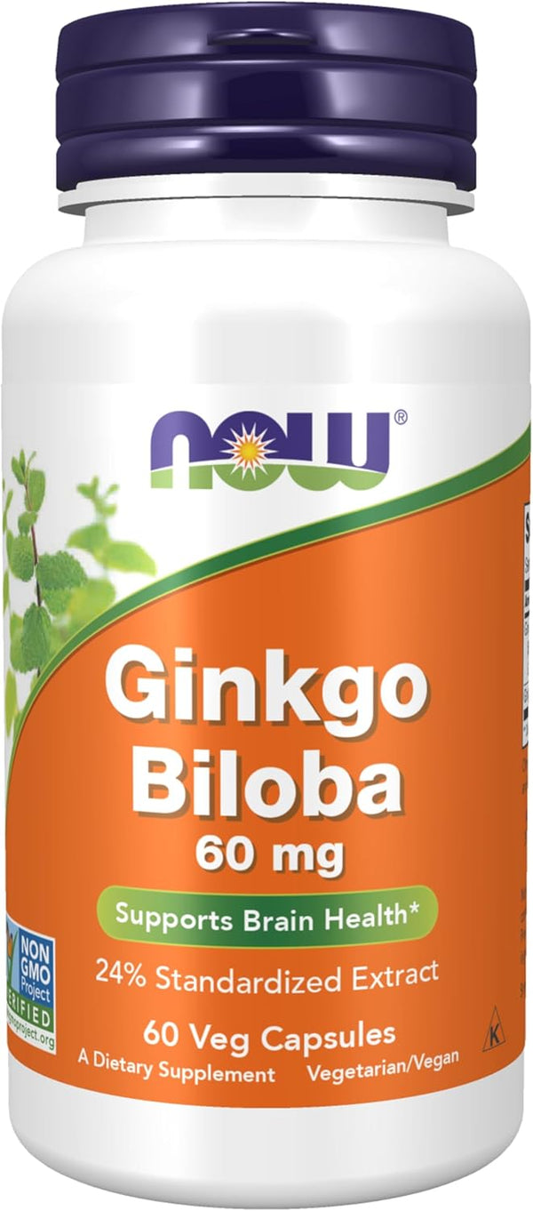 NOW Supplements Ginkgo Biloba 60 mg - 24% Standardized Extract - Non-GMO Project Verified - 60 Veg Capsules