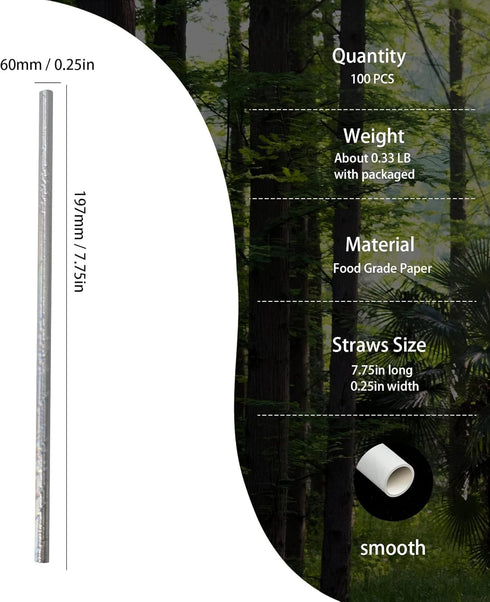 Shining Silver Paper Straws for Drinking, 100 Disposable Metal Silver Drinking Straws for Wedding Decoration