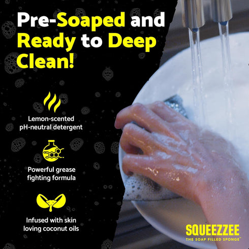 Squeezzee Soap Filled Scrubber Sponges - Non Scratch Scrubbing Sponge with Built-In Dishwashing Liquid Dish Soap - Double Sided Kitchen & Household Cleaning Scrubbers - Up to 300 Washes Per Sponge - 4 by Squeezzee The Soap Filled Sponge