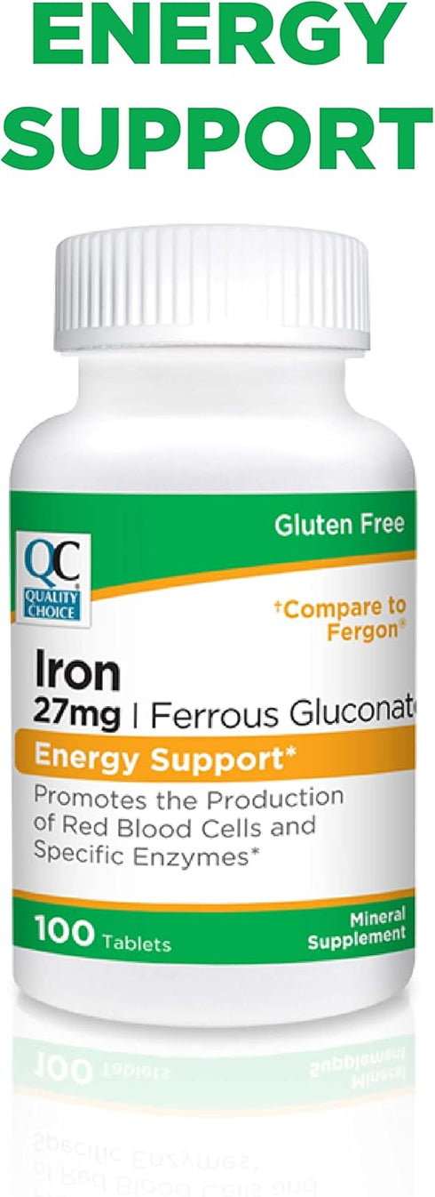 Quality Choice Energy Support Iron 27 mg Ferrous Gluconate Tablets, 100 Count