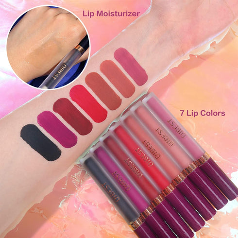 QiBest 7Pcs Matte Liquid Lipstick with 1Pcs Lip Plumper Makeup Set, Waterproof Long Lasting Lip Kit