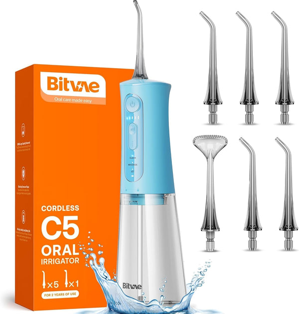 Bitvae C5 Cordless Water Flosser for Teeth, IPX7 Waterproof, 3 Modes, 6 Jet Tips, USB Rechargeable - Sky Blue