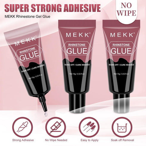 MEKK Rhinestone Glue for Nails, 1Pcs 15g Super Strong Gel for Rhinestones, No Wipe Needed for 3D Nails