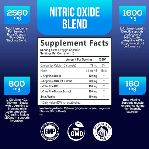 Extra Strength Nitric Oxide Supplement, L Arginine 3X Strength, 60 Capsules for Energy & Strength