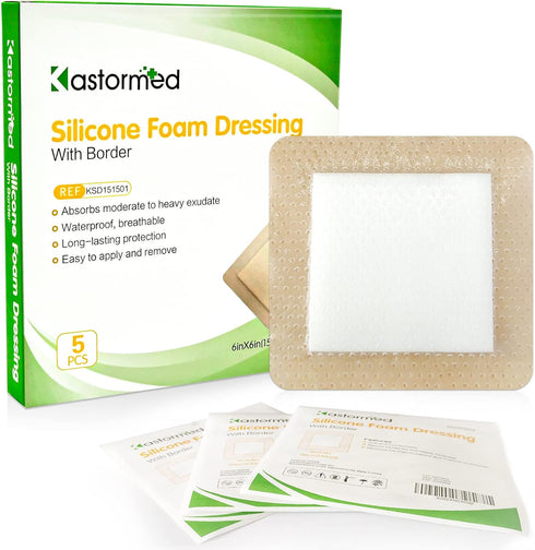 Silicone Foam Dressing, Waterproof Wound Dressing with Gentle Adhesive, 5 Layer High Absorbency, 6'' x 6'', 5 Pack
