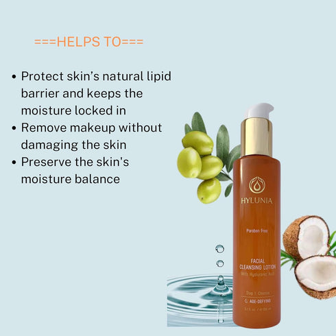 Hylunia Skincare Gentle Cleansing Lotion 5.1 oz with Hyaluronic Acid & Olive Oil Squalene – Hydrating, Non-Drying