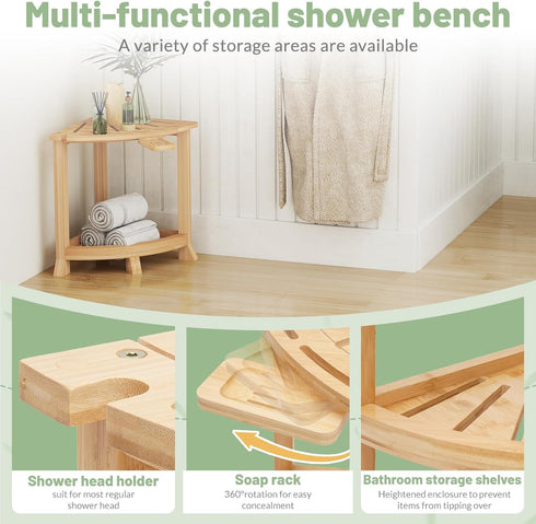 2-in-1 18 Inch Bamboo Shower Stool with Storage Shelf, Corner Stool & Foot Rest, Non-Slip Waterproof Bathroom Seat