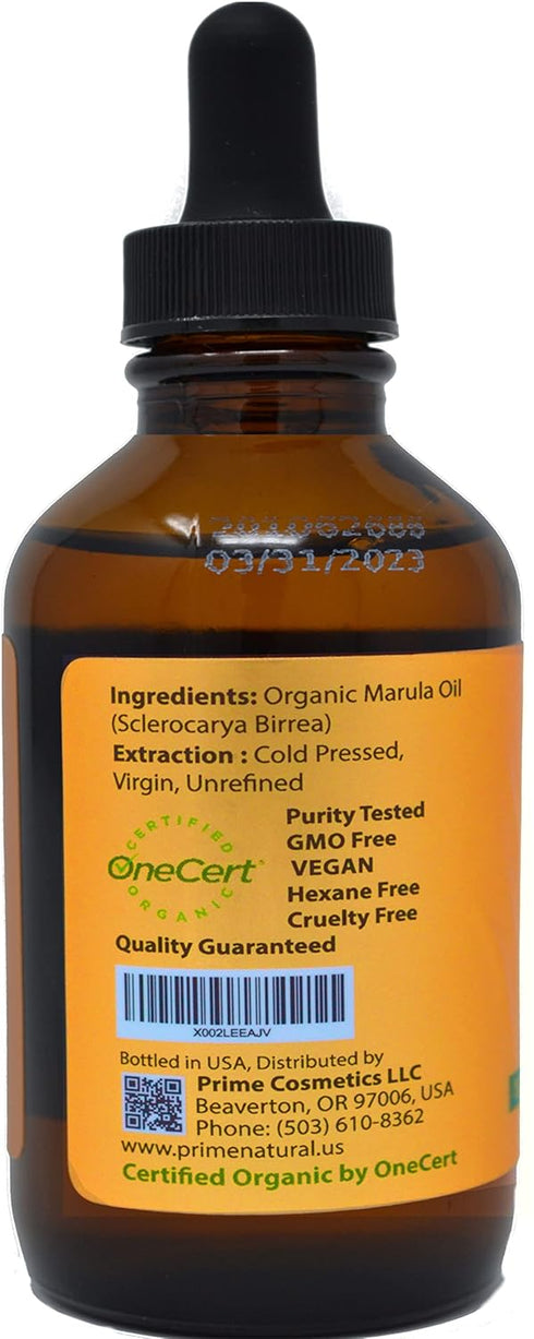 PRIME NATURAL Organic Marula Oil 4oz/120ml - USDA Certified, Cold Pressed, Unrefined, Virgin for Face, Body, Hair