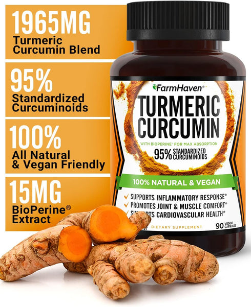 Turmeric Curcumin with BioPerine - 90 Veg Caps - 1965mg, Maximum Absorption for Joint Support, Non-GMO, Made in USA
