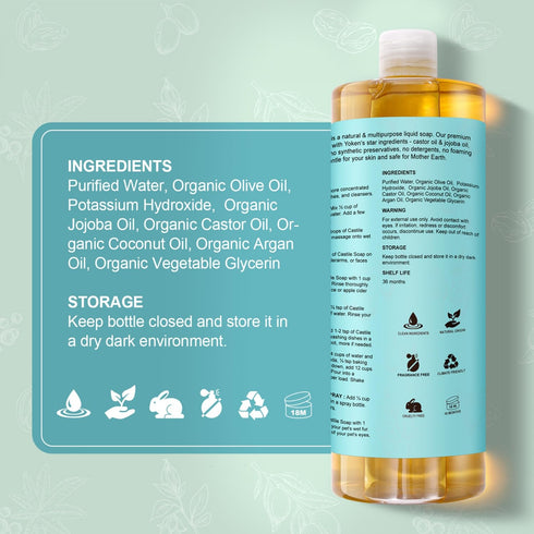 Yoken EWG Verified Castile Soap, Liquid Unscented, 33.8 fl oz, Organic Oil, Natural Castor Oil Soap for Body Wash,
