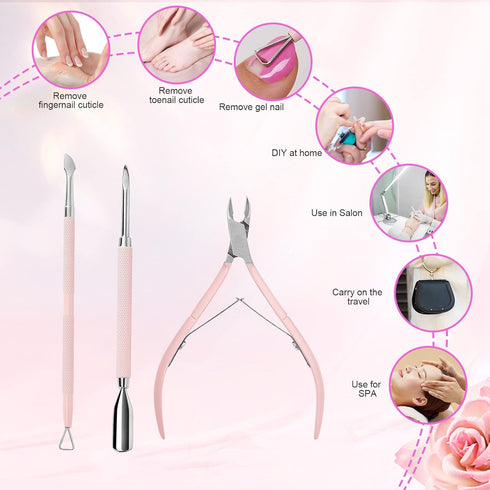 Makartt Cuticle Trimmer with Pusher, 3 PCS Pink Nail Tools for Professional Manicure & Pedicure