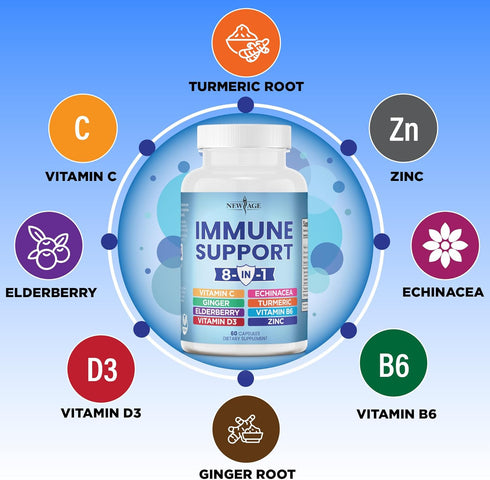 8 in 1 Immune Support Booster Supplement with Echinacea, Vitamin C and Zinc 50mg, Vitamin D 5000 IU, Turmeric Curcumin