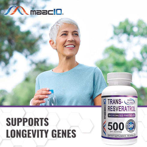 MAAC10 Trans Resveratrol 500mg Supplement, 60ct, Micronized Pharmaceutical Grade with BioPerine for Absorption