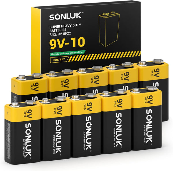 SONLUK 9V Batteries 10 Pack Carbon Zinc 6F22 Square 9 Volt Battery for