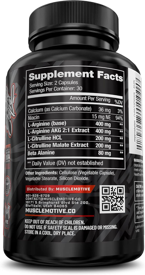Nitric Oxide Booster with L-Arginine, L-Citrulline, Beta Alanine - 60 Capsules Non-GMO, Gluten-Free, Vegan