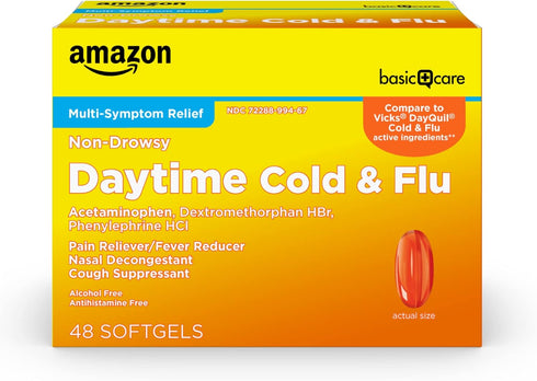 Amazon Basic Care Daytime Cold and Flu Relief Liquid Caps, Non-Drowsy Cold Medicine, Pain, Fever, Cough Relief, 48 Count