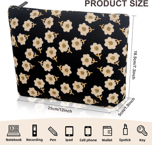 Cosmetic bag Makeup bag Preppy Cute Corduroy Toiletry bag for women travel essentials (Flower black)