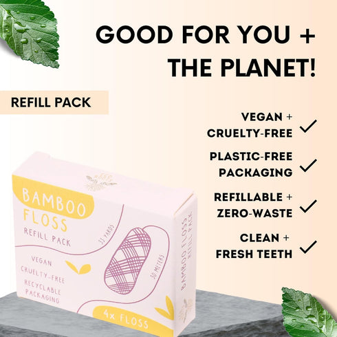ECO ROOTS Organic Bamboo Floss Refill x4 Rolls, Eco Friendly Dental Charcoal Floss, Reusable Flosser, Vegan Bamboo
