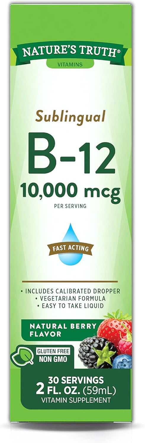 Nature's Truth Sublingual Vitamin B-12, 10,000 Mcg, Fast Acting Liquid, Natural Berry Flavor, 2 Fluid Ounce