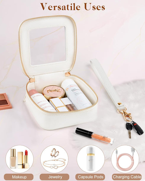 Clear Makeup Bag, Mini Small Cosmetic Bag for Purse, Cute Leather Makeup Pouch, White Mini