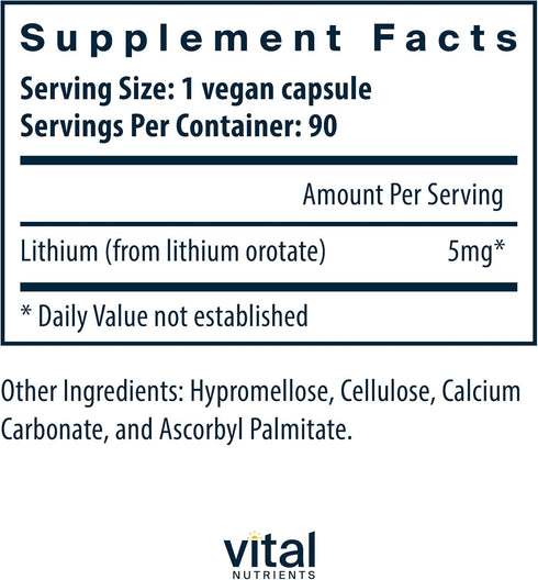 Vital Nutrients Lithium Orotate, Vegan Lithium Supplements for Memory & Behavioral Health, 5mg, 90 Capsules