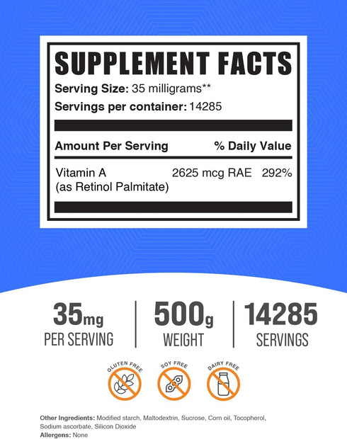 BulkSupplements.com Vitamin A Palmitate Powder - 35mg per Serving, 500g (1.1 lbs) - Gluten Free, Immune & Eye Support